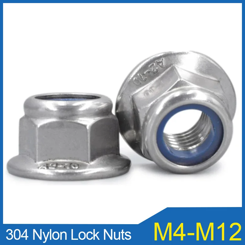 2/5/10pcs M4 M5 M6 M8 M10 M12 304 A2-70 Stainless Steel Hex Flange Nylon with Washer Lock Nut Self-locking Nylock Lock nut