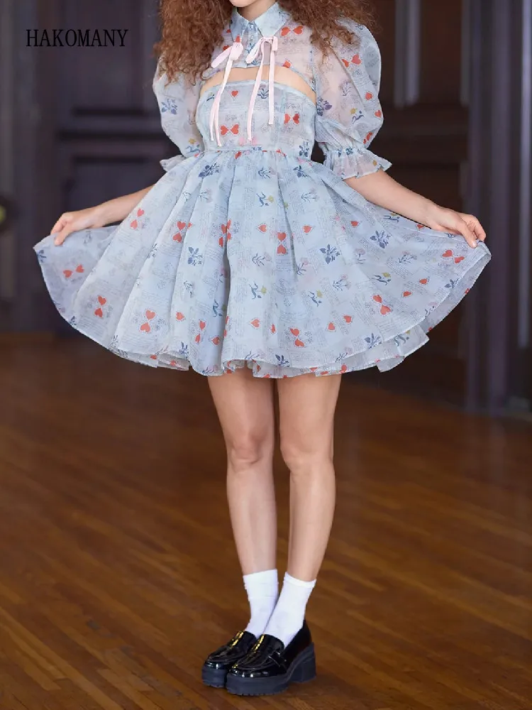 

Princess Light Blue Heart Letter Print Organza Dress Bow Bandage Rope Half Puff Sleeve Lapel Crop Top Ball Gown Mini Fairy Robe