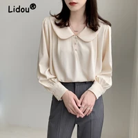 2022 spring autumn fashion peter pan collar solid color chiffon shirt long sleeve harajuku style pullover blouse korean shirt