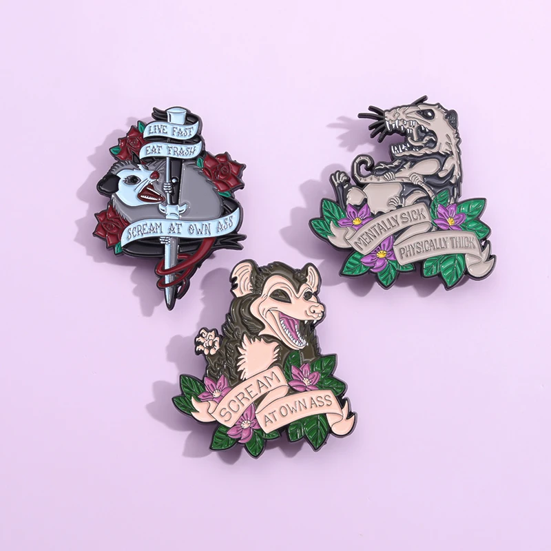 

Opossum Animal Enamel Pins Funny Possum Screams Pins Accessories Live Fast Eat Trash Brooches Lapel Badges Animal Jewelry Gift