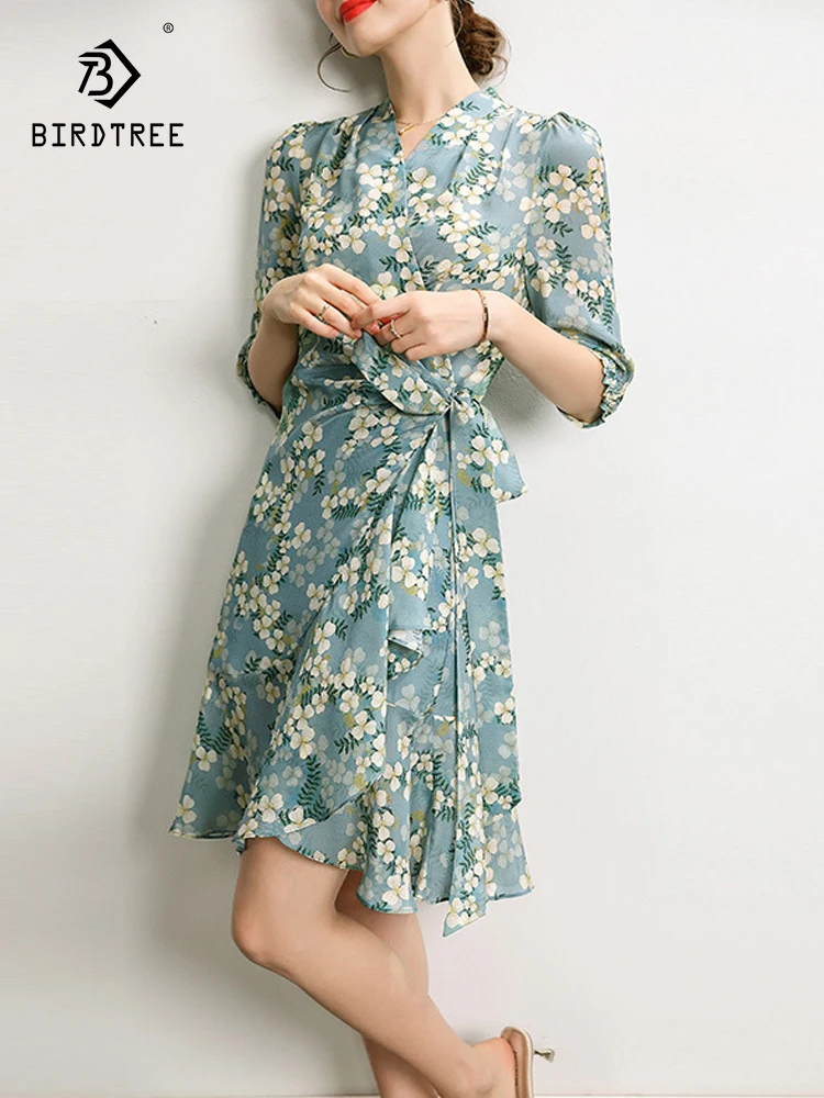 Birdtree 100%Mulberry Silk Printing Summer Dress Women 2023 New Slimming Fashion Show Thin Super Fairy Floral Dresses D37457QC