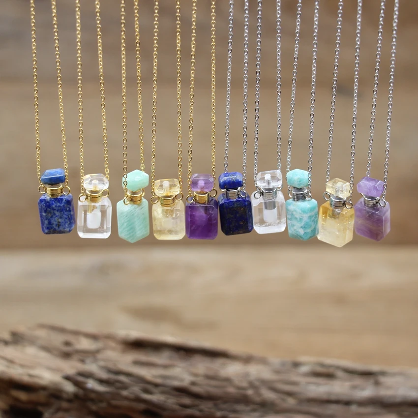 

Mini Rectangle Crystal Essential Oil Vial Pendants Chains Citrines Lapis Amethysts Perfume Bottle Charm Necklace Jewelry QC1160