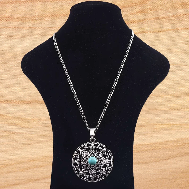 Цепочка с подвеской в виде цветка, длинное колье из тибетского серебра, с открытыми искусственными бриллиантами, длина 34 дюйма, Ювелирное Украшение