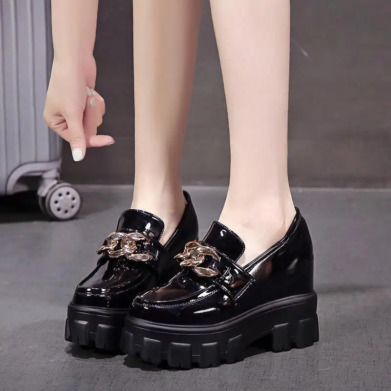 British Style Leather Height Increasing Insole Women's 2023 Spring New Platform Platform Slip-on Wedge Shoes 10cm