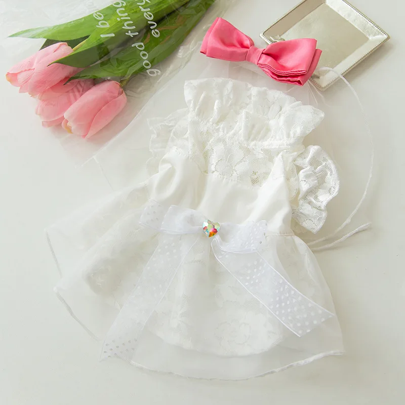 Pet White Wedding Dress Summer Puppy Lace Skirt Teddy Two-legged Dress Dog Clothes Pink Bow Veil Pet Supplies