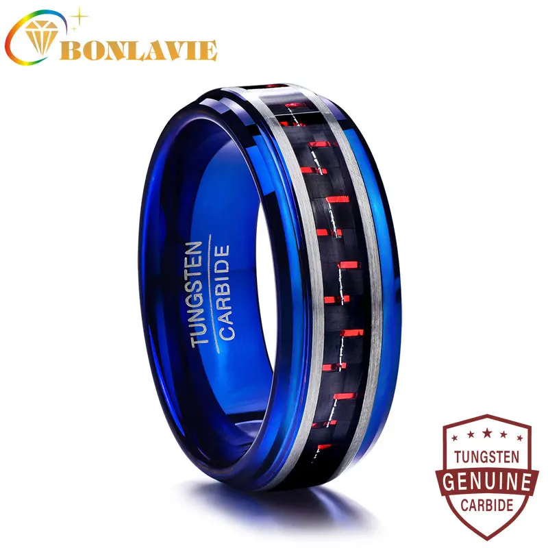 

BONLAVIE T121R Full size 7-12 vintage men Rings inlaid red carbon fiber blue tungsten carbide ring 8MM Anillos