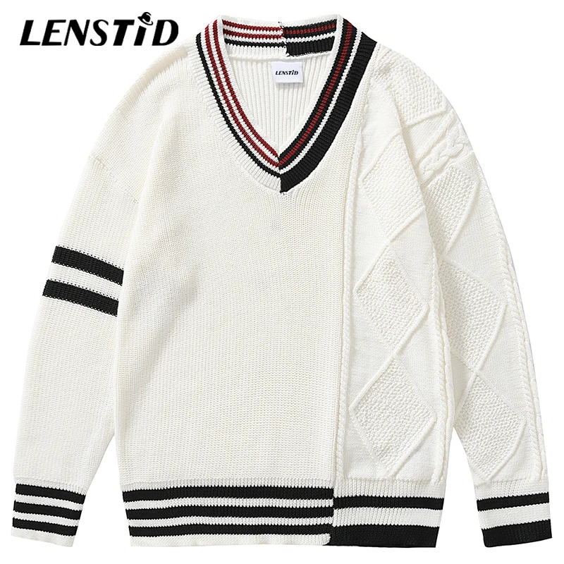 

LENSTID Autumn Men V-Neck Knitted Jumper Sweaters Hip Hop Patchwork Streetwear Harajuku Fashion Casual Pullovers Mens Clothes