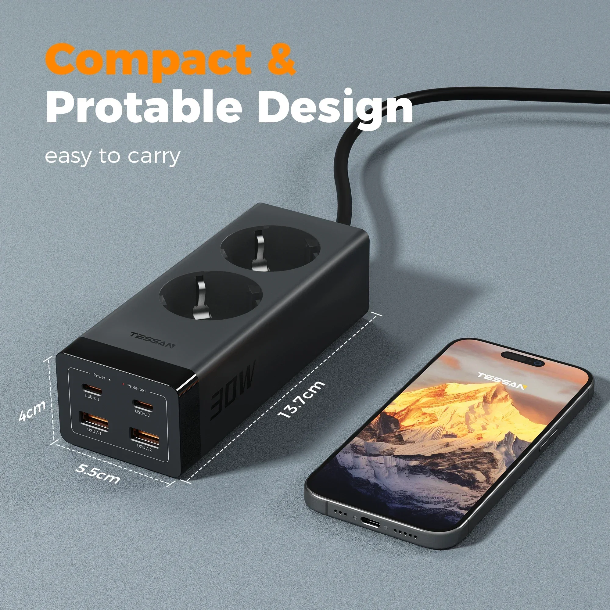 Несколько удлинителей TESSAN 30 Вт с удлинителем длиной 2 м адаптером GaN USB C для