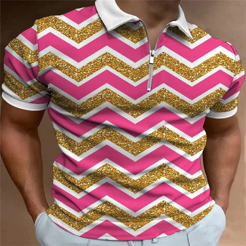 

Pink and White Stripe 3D Print Polo Zipper Short Sleeve Shirt for Men