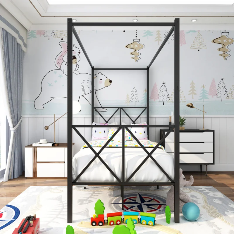 Bed Frame Platform With X Shaped \  Twin Black Black Metal [us Stock]