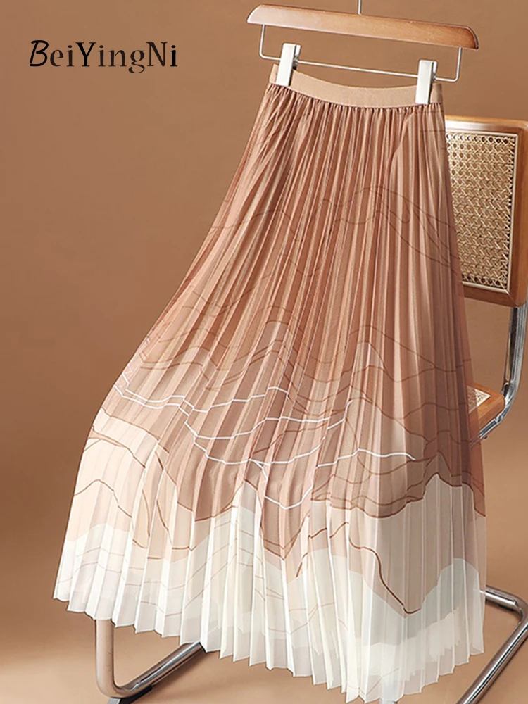 

Beiyingni Women Mesh Skirt Printed Luxury Elegant Trendy Large Hem Tulle Pleated Skirts for Women Casual High Waisted Faldas