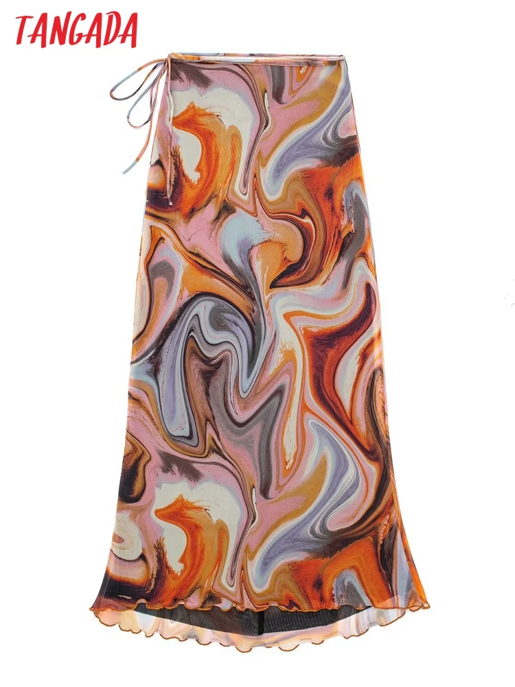 

Tangada 2022 women print mesh skirts faldas mujer French style female midi skirt 3H583