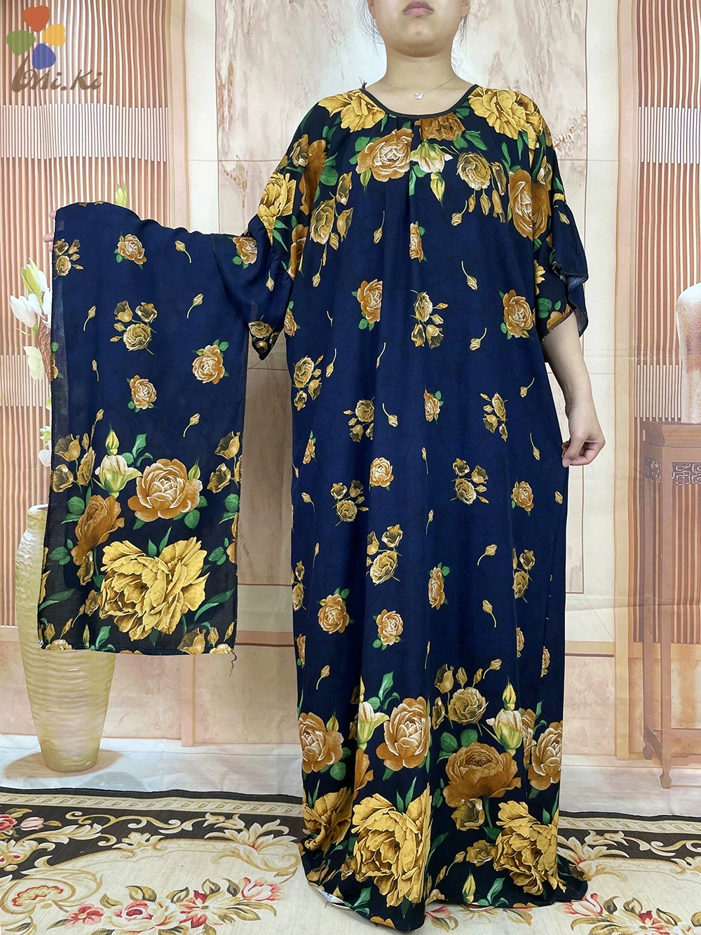 Short Sleeve 2 Pieces 2023 New African Dashiki Floral Printing Solid Cotton Loose Caftan Lady Summer Maxi Casual Dresses