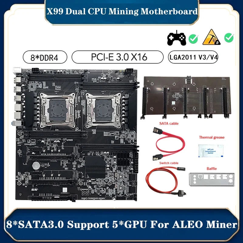 

X99 ALEO Mining Motherboard +Switch Cable+Thermal Grease+Baffle LGA2011 V3/V4 8XDDR4 Slot SATA3.0 Support 5 GPU