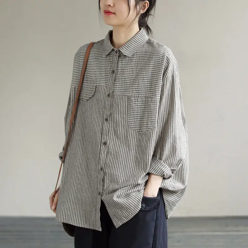 

Spring Elegant Women Cotton Linen Tops Long Sleeve Lady Blouses Striped Classic Shirts Casual Clothes Blusas Camisa Femme E460