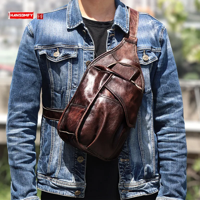 Vegetable Tanning Leather Men's Chest Bag Crossbody Bag First Layer Cowhide Shoulder Bag Genuine Leather Fashion Vintage Packs