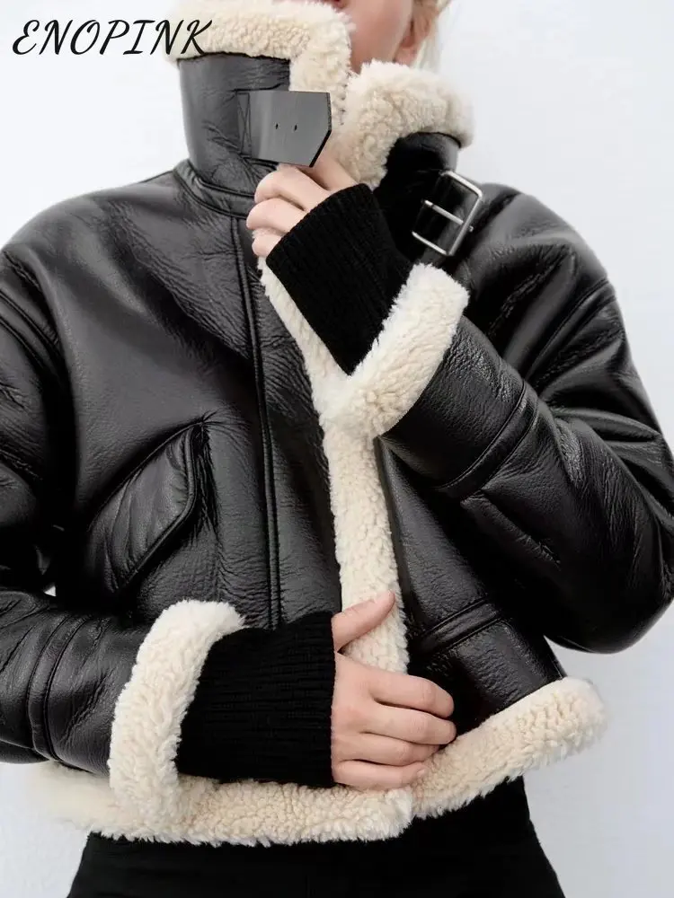 Women Thick Faux Fur Leather Shearling Jacket 2022 Winter Warm Coat Vintage Long Sleeve Flap Pocket Female Outerwear Chic Tops