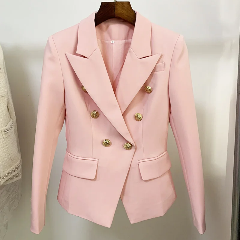 High Quality Light Pink Blazer Women's Suit Jacket Metal Double Breasted Button Work Business Cotton Blazers Jackets Coat 2022