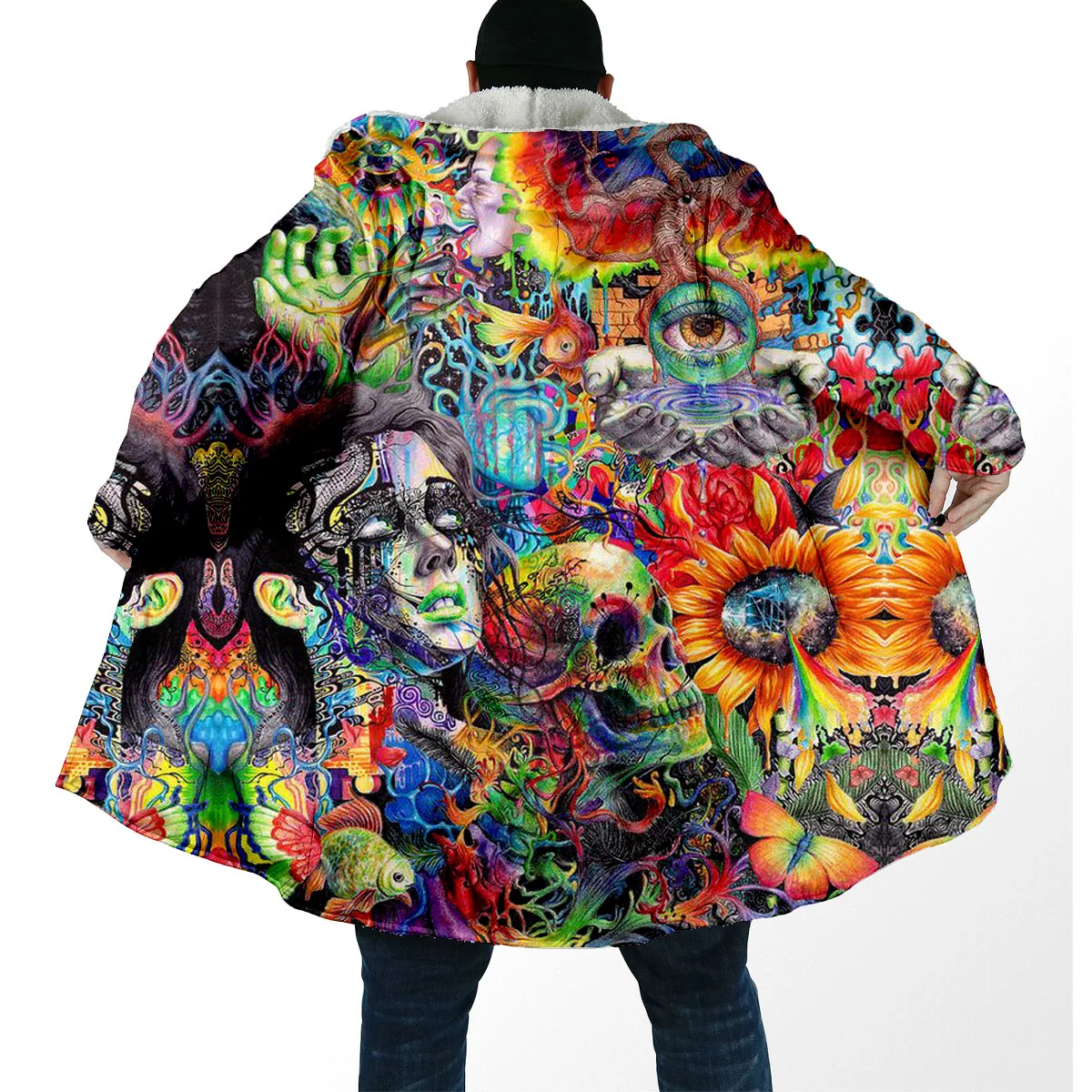 

Hippie Psychedelic Colorful Trippy Art Thick Warm Hooded Cloak Men Overcoat Coat Windproof Fleece Cape Robe Hooded Blanket-5
