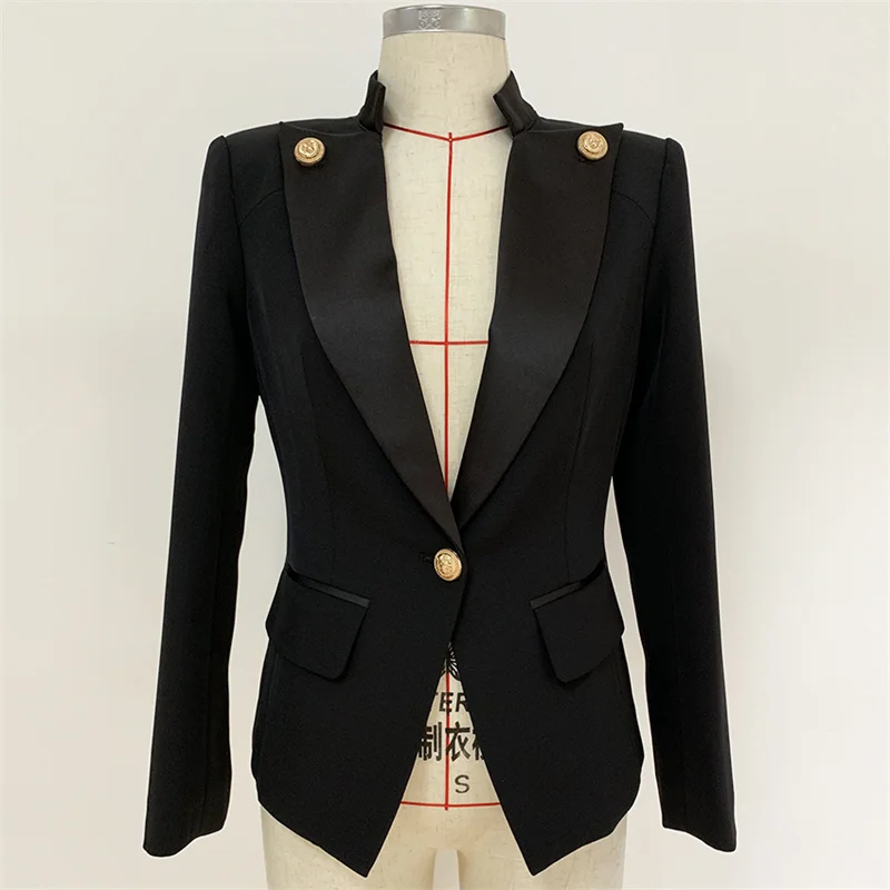HIGH STREET New 2022 Designer Stylish Blazer Women's Single Button Lion Button Embellished Satin Collar Blazer Jacket