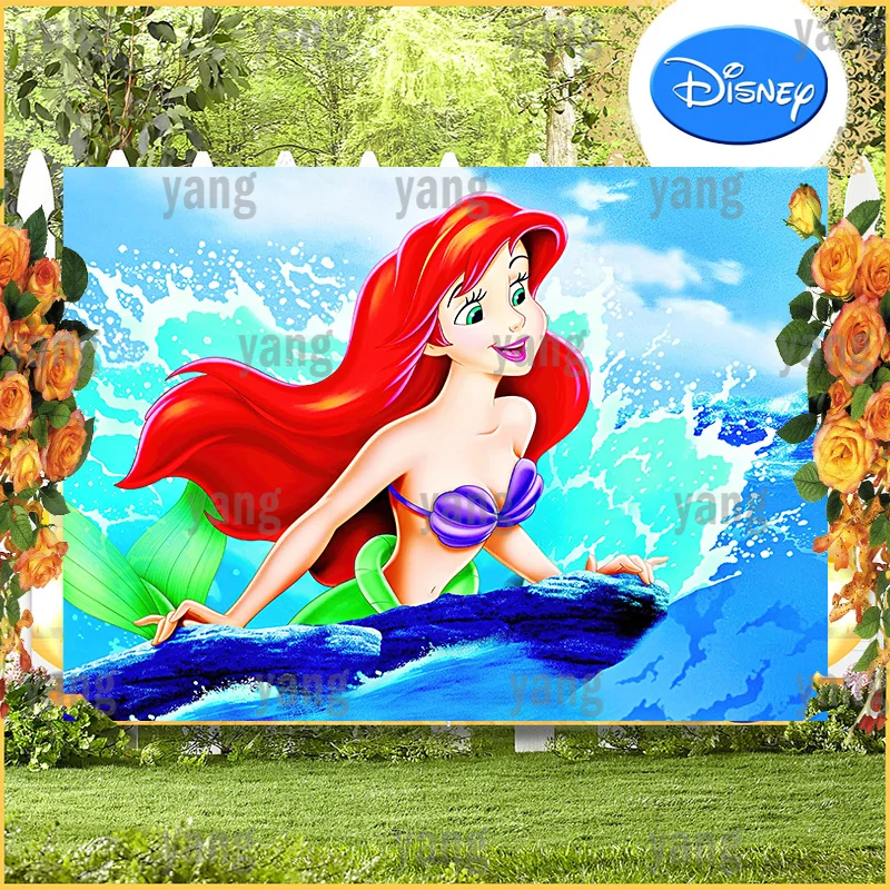 Free Customize Blue Sea Background Ariel Little Mermaid Disney Cute Princess Backdrop for Girls Happy Birthday Party Decoration
