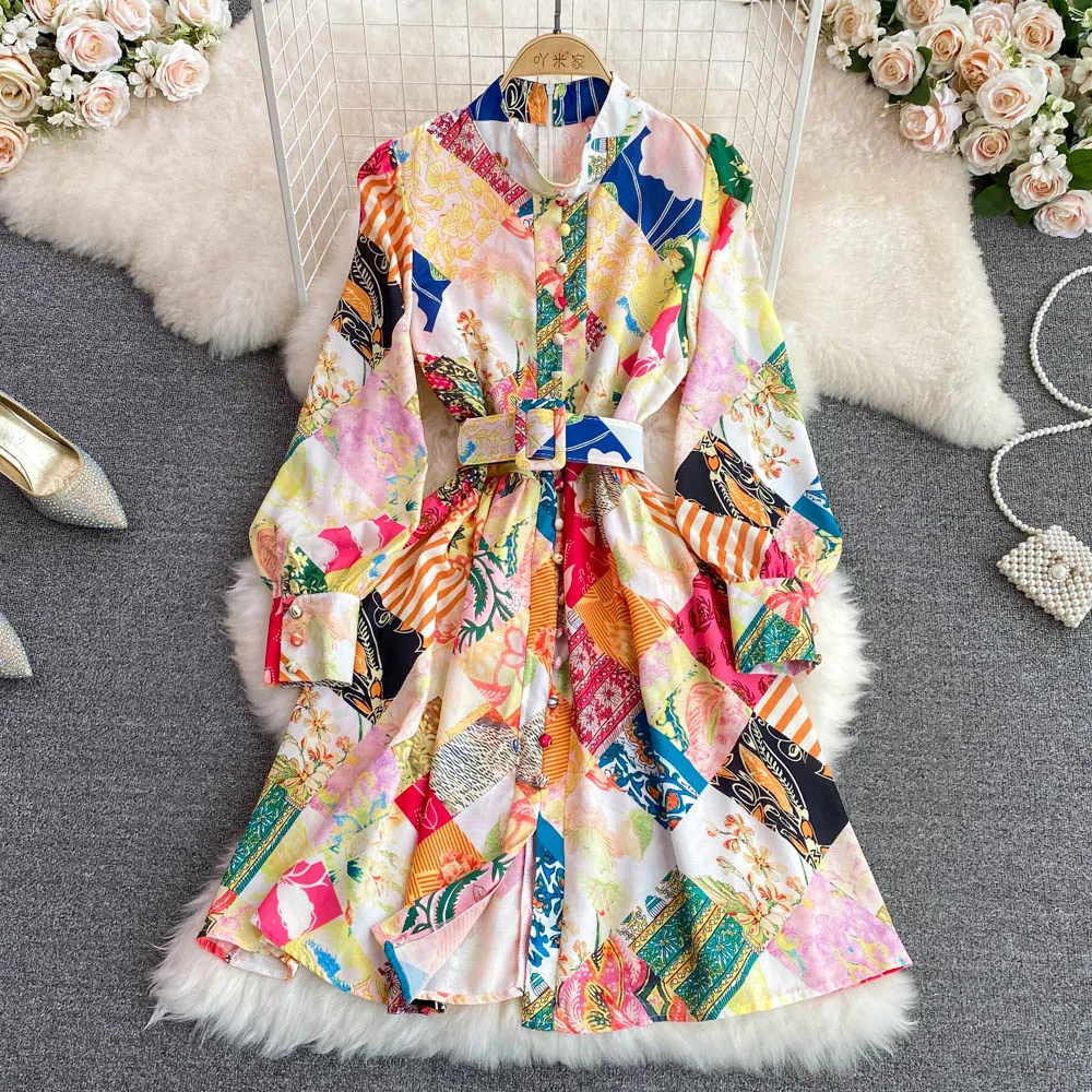 

Весенне-осеннее платье трапециевидной формы в европейском стиле с воротником-стойкой и рукавами-фонариками средней длины