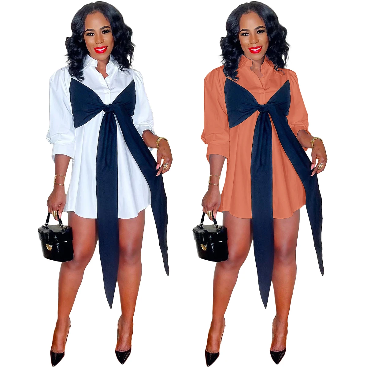 

2022 Fashionable Women Shirt Dress Patchwork Lace up 3/4 Sleeves Single-breased Sexy Party Office Lady Streetwear Dresses