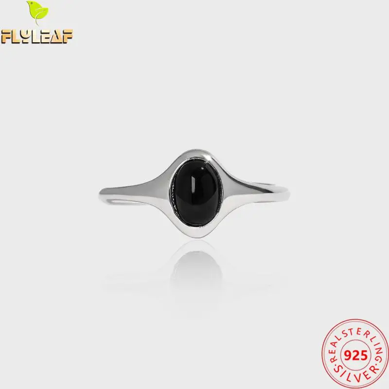 

Real 925 Sterling Silver Jewelry Oval Natural Black Agate Open Ring For Women Platinum Plating Femme Fashion Accessories 2022