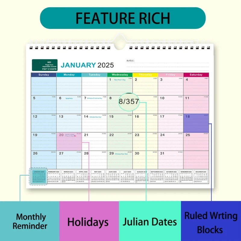 Подвесной календарь A9LC Настенный на 2025 год Еженедельный планировщик Английское