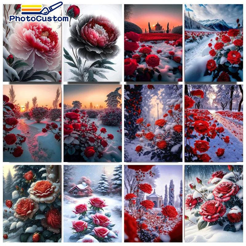 

PhotoCustom DIY Painting By Numbers Winter Flower Kit Oil Paints Picture By Numbers Photo Wall Paintings Adults For Home Decor G