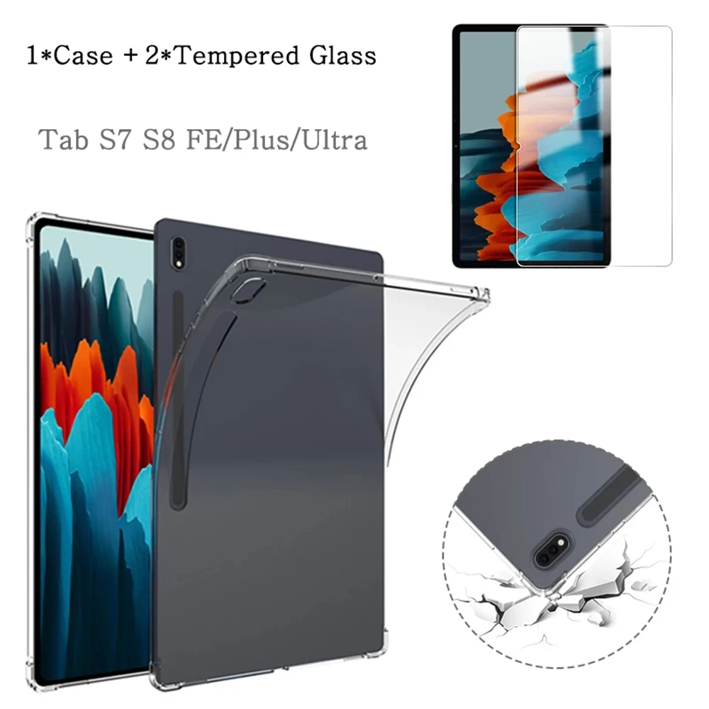 

Противоударный чехол + закаленное стекло для Samsung Galaxy Tab S7 S8 11 12,4 14,6 FE Plus Ultra T870 T730 X700, силиконовый чехол для планшета