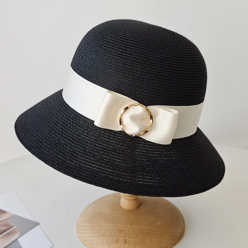 

202306-2509326 ins japan dropshipping summer natural plant fiber grass ribbon bowknot lady bucket cap women fishermen hat