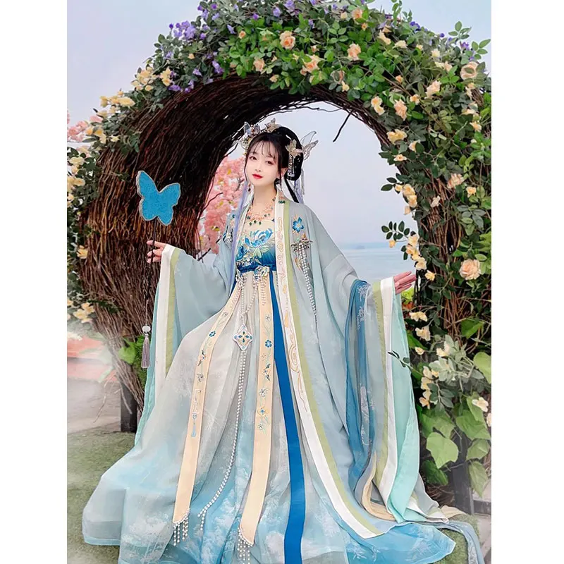Синее женское платье ханьфу костюм китайской феи с вышивкой традиционный