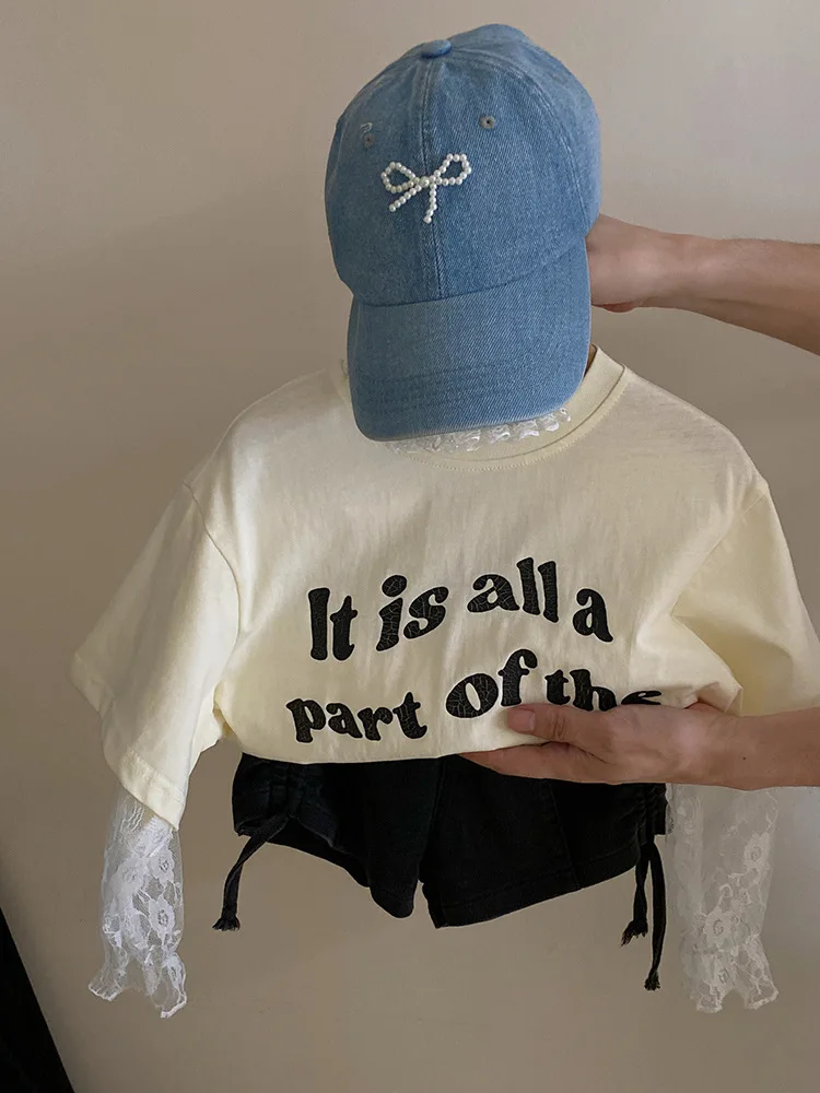 Летняя одежда для девочек кружевная рубашка с короткими рукавами и надписью