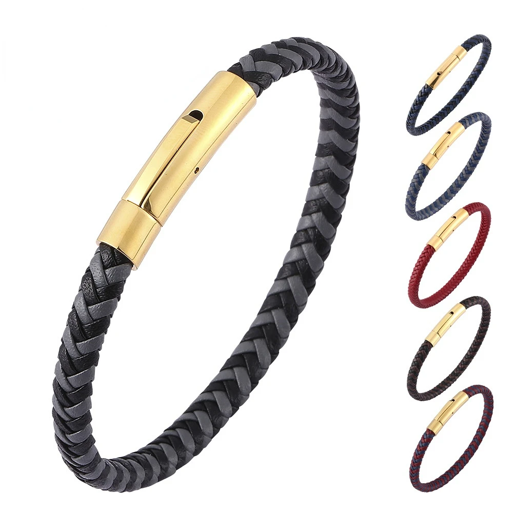 

Titanium Steel Plated 18K Gold Simple Leather Braided Bracelet Sailor Rope Stainless Steel Leather Bracelet Couple Bracelet