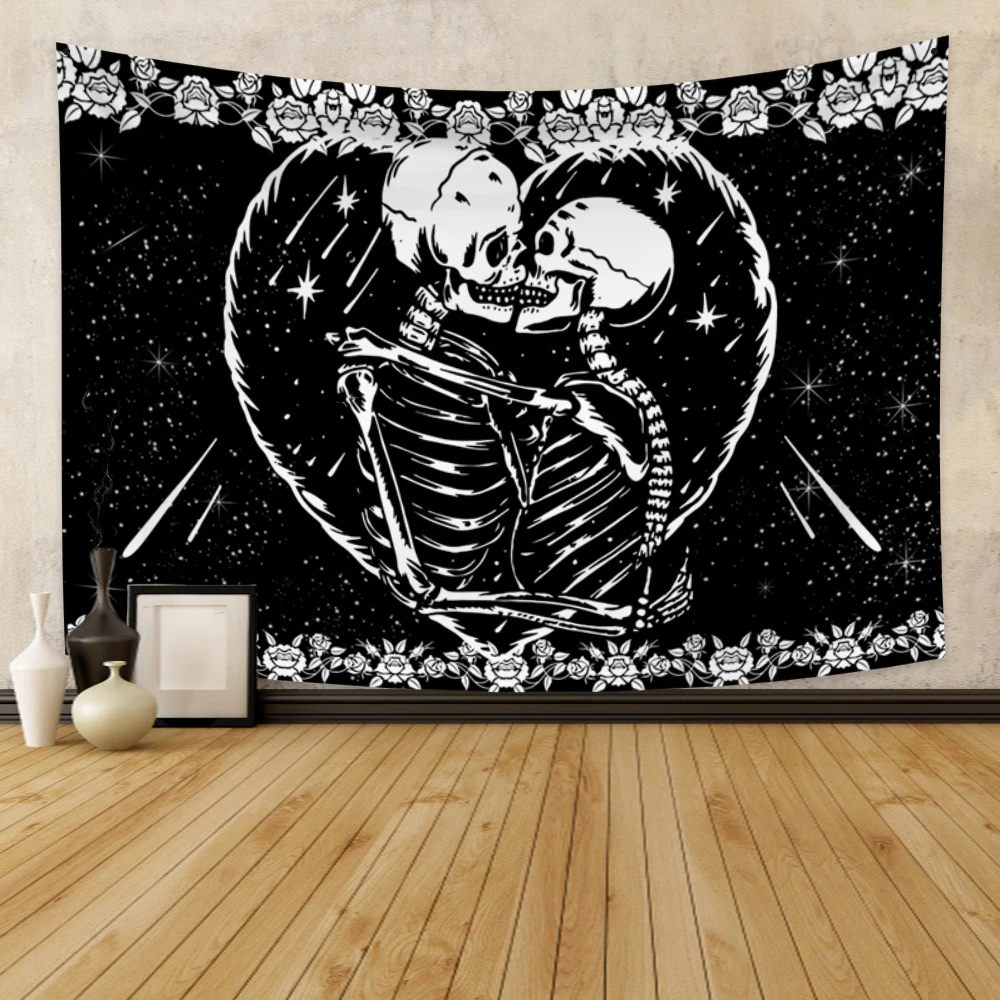 

Kiss Skull Tapestry Wedding Moon Skeleton Tapestry Starry Sky Tapestry Starry Tapestry Black and White Stars Tapestry for Room