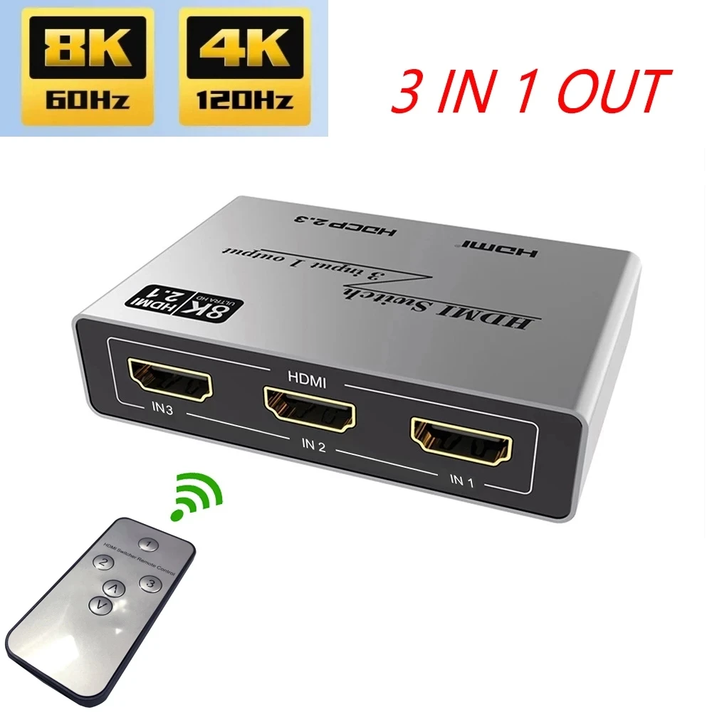 

3x1 8K Switch HDMI 2.1 3 Port 3 In 1 Out Switcher 8K@60Hz 4K@120hz HDCP2.3 2x1 HDMI Switch for PS4 PS5 Pro Computer To 8K HD TV