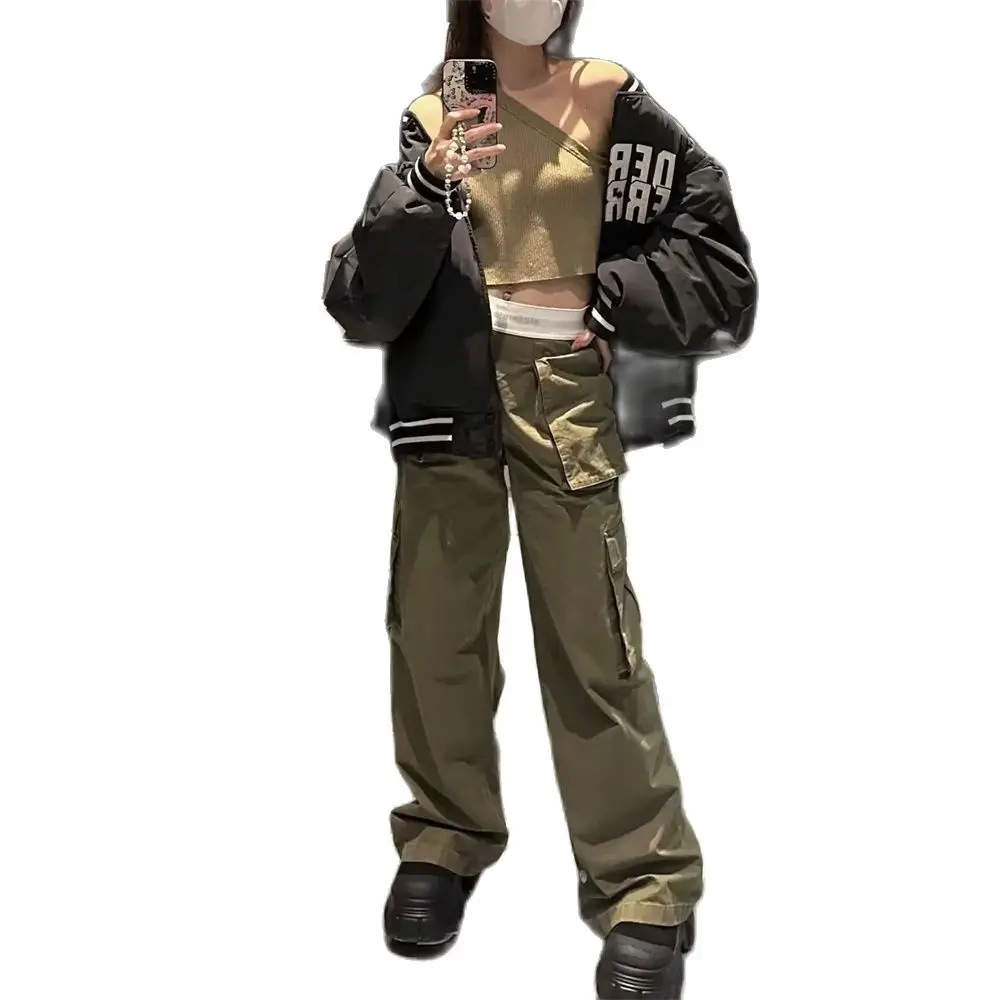 

Комбинезон женский с высокой талией, модный комбинированный брючный карго со множеством карманов и широкими штанинами, цвет черный/хаки, в Корейском стиле, весна-лето