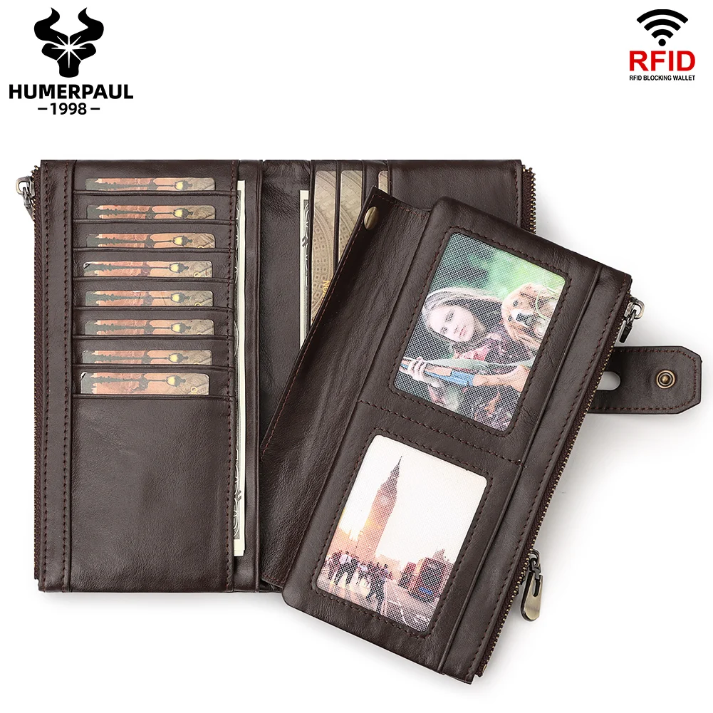 

HUMERPAUL Genuine Leather Long Men's Wallet Hasp Zipper Male Clutch Phone Pocket RFID Multi Card Holder Purse Luxury Portfel