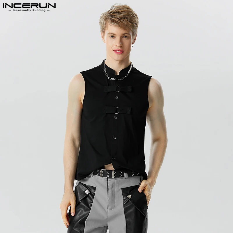 

Майка INCERUN мужская с воротником-стойкой, однотонная винтажная Повседневная жилетка без рукавов, уличная одежда для фитнеса, лето 2023