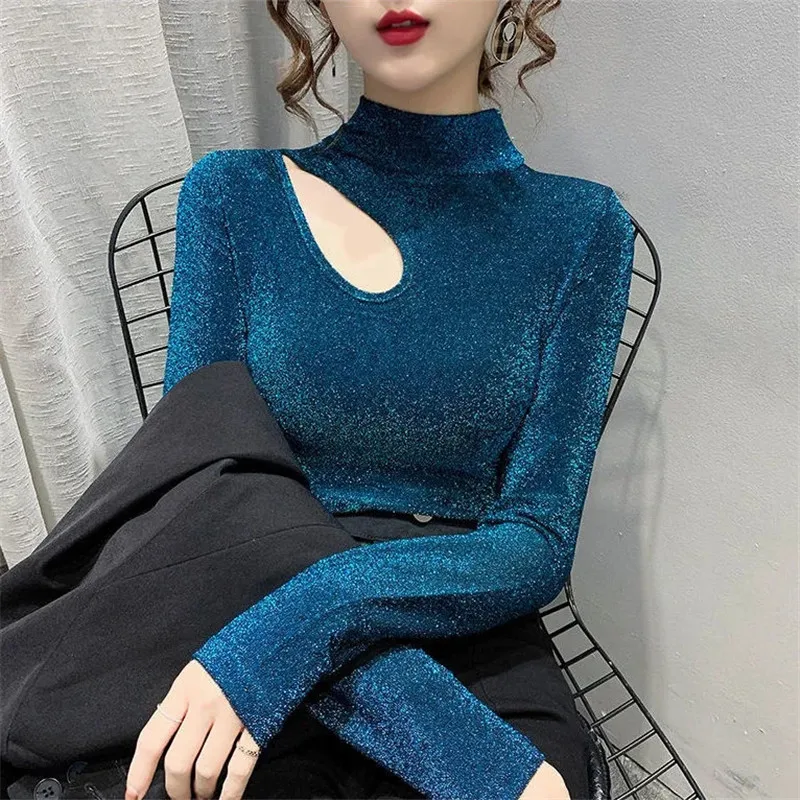 

High Quality Bottom shirt 2022 Women T-shirt Hollow Out Design Female Autumn Sexy Top Clothes Casual Fashion Blouses