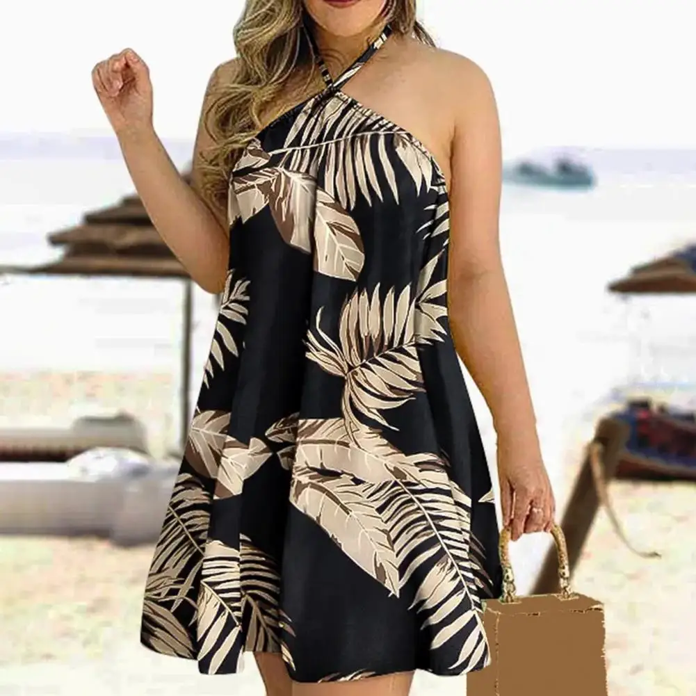 

Женское платье с принтом листьев, свободное летнее пляжное платье без рукавов с открытыми плечами и открытой спиной для отпуска