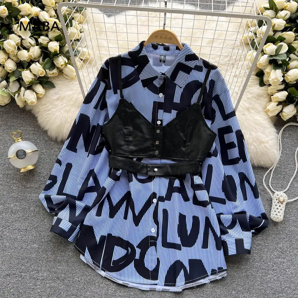 

Женский Повседневный костюм-двойка, свободная блузка с длинным рукавом и воротником-поло с буквенным принтом + жилет из искусственной кожи, костюм в Корейском стиле для улицы, весна 2022