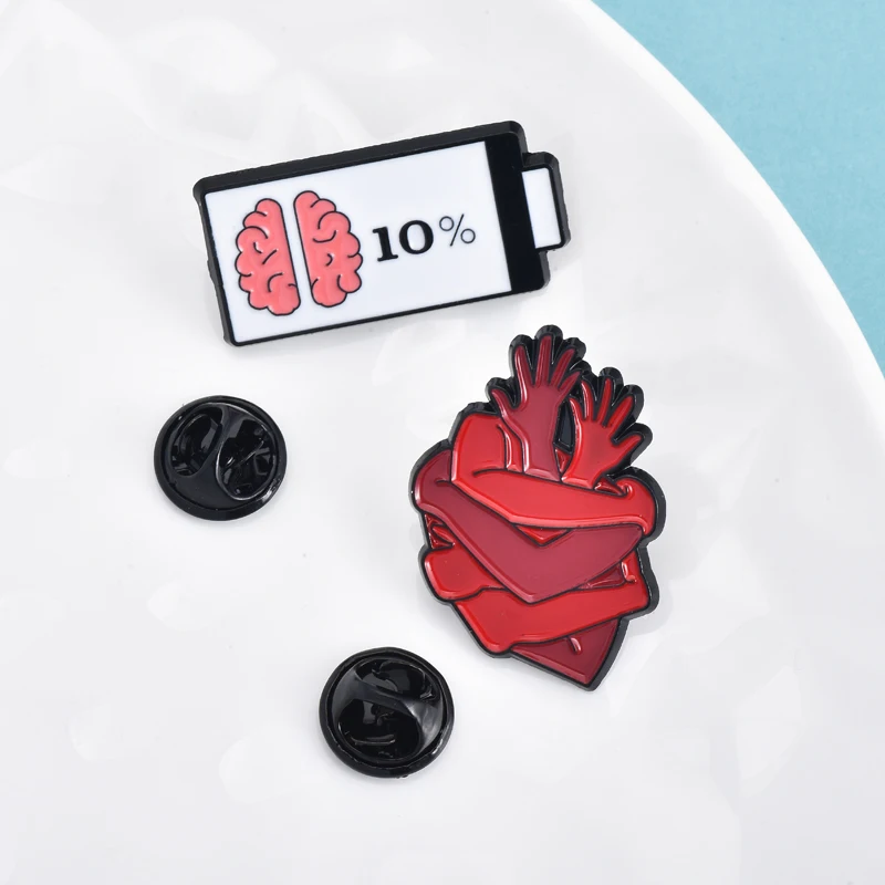 

Wuli&baby Enamel Battery Collar Pins 2-design Brain Heart Health Party Casual Clothes Bag Brooch Pins Gifts