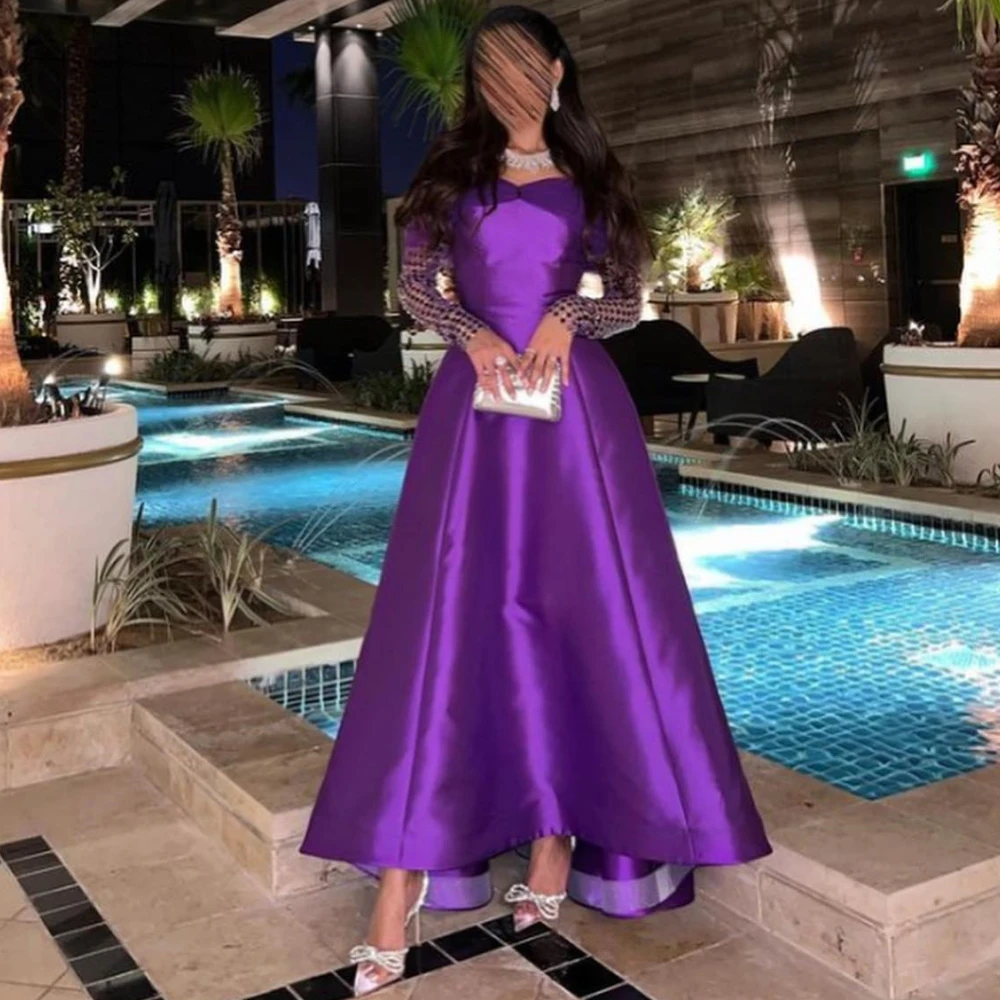 

Carolina Strapless Evening Dresses A-Line Saudi Arabia Women Long Sleeves Purple Satin Wedding Guest Elegant Formal Party Gowns