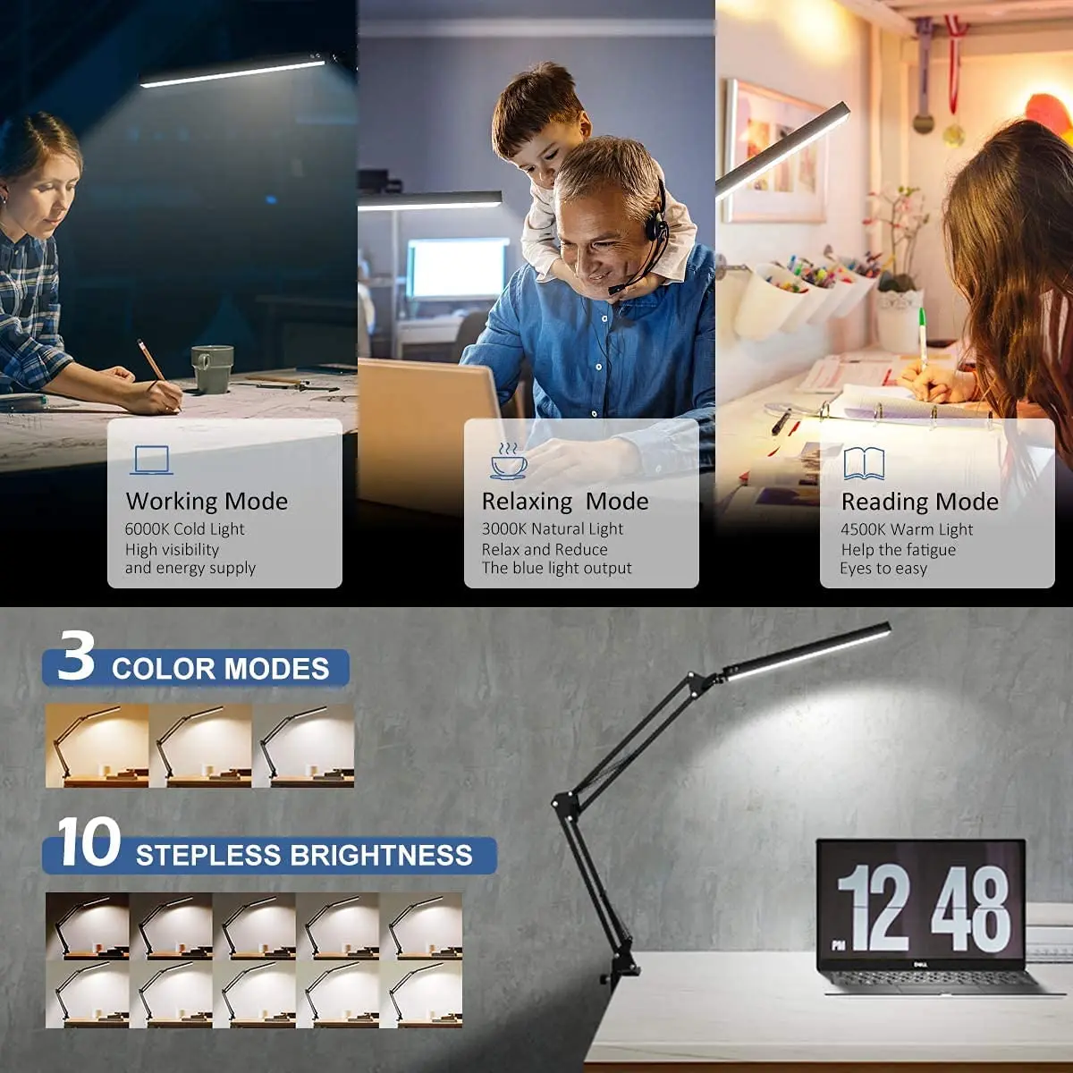 LED Desk Lamp with Clamp Adjustable Eye Caring Table Swing Arm 3 Color Modes 10 Brightness Levels Memory Function | Освещение