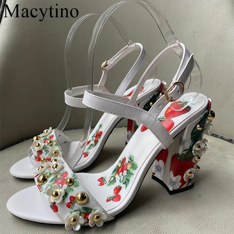 10CM High-heeled Sandals Women's 2022 Summer New Style Fashion Small Flower Decoration Buckle Strawberry Pictures  Shoes