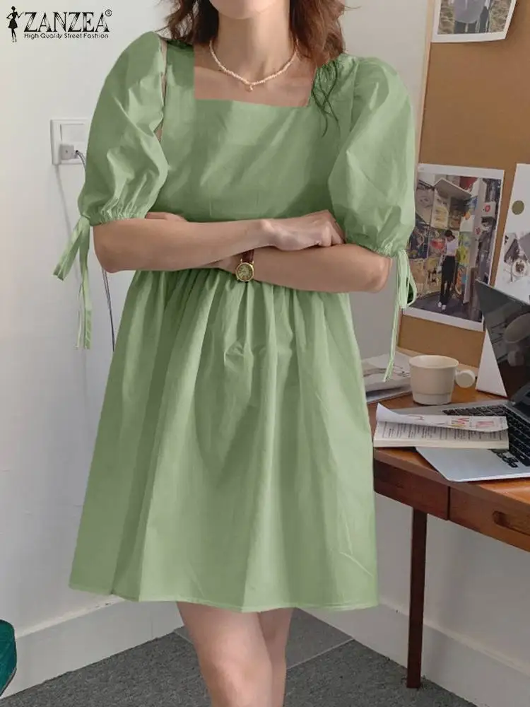 

ZANZEA Summer Square Neck Puff Sleeve Solid Sundress Women Elegant Holiday Knee-length Dress Casual Loose Party Vestidos Kaftan