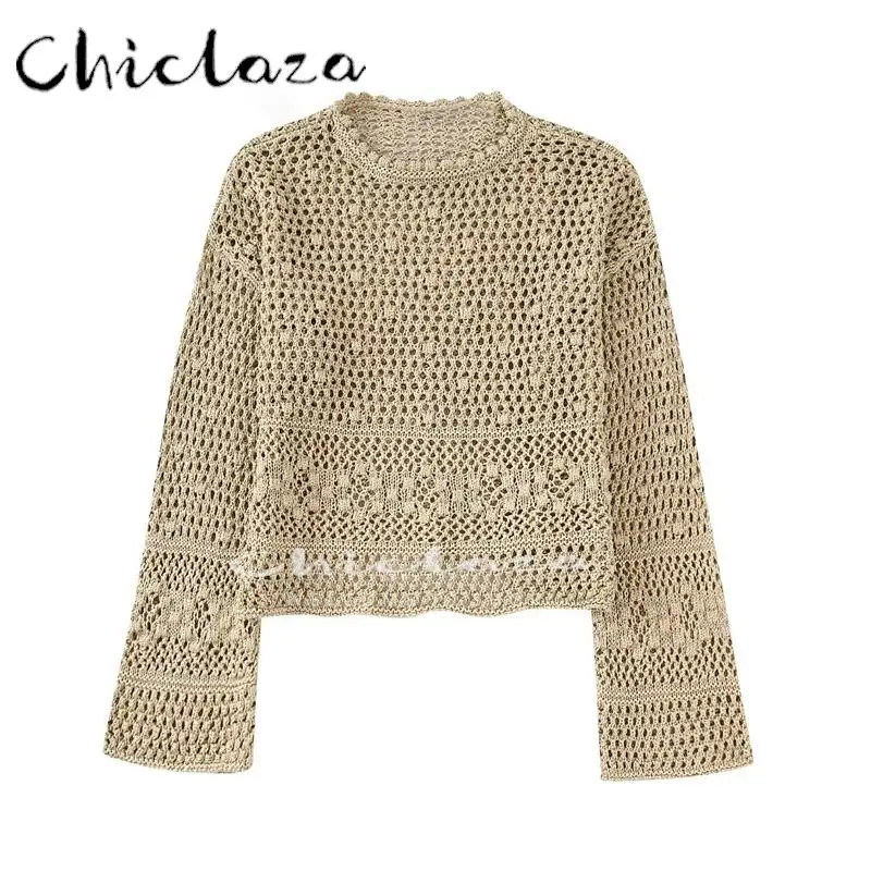 

CHICLAZA 2022 Spring Autumn Women Knit O Neck Crop Sweater Pullover Female Thin Hollow Loose Tops