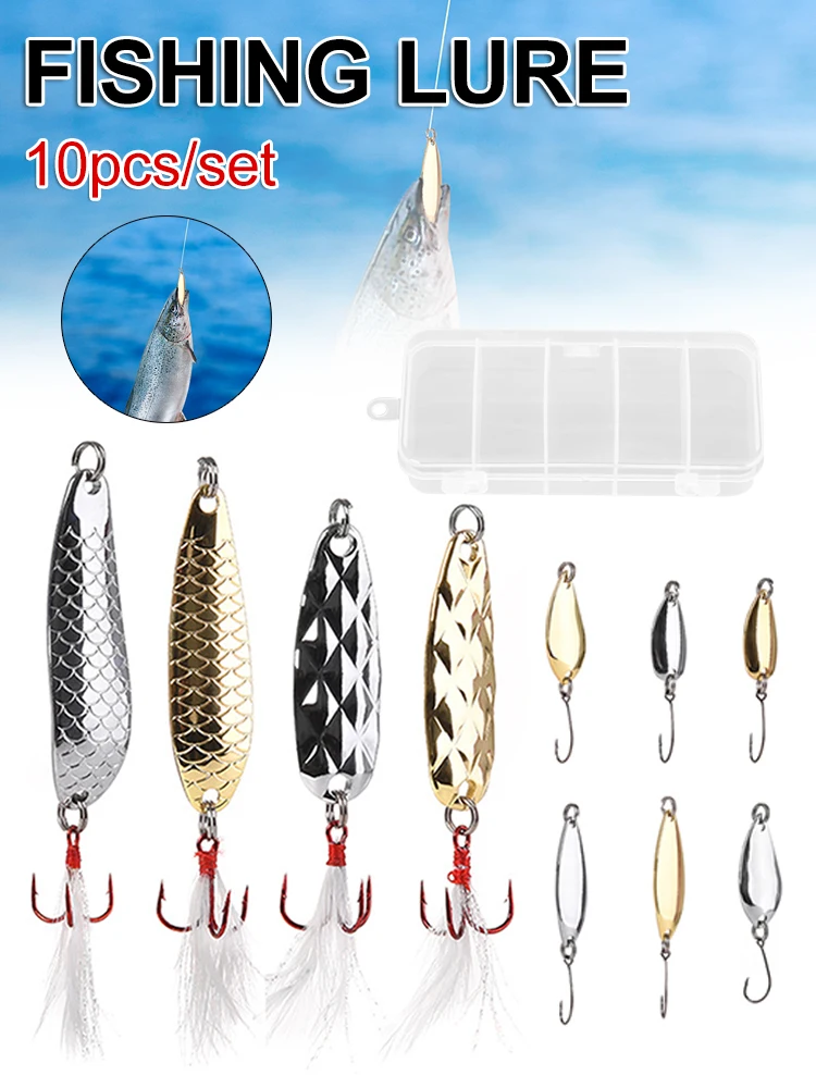 

10pcs/set Spinning Fishing Lure Spoon Sequins Metal Hard Bait With Box Spinnerbait With Hook Fishing Tackle For Trout Perch Pike